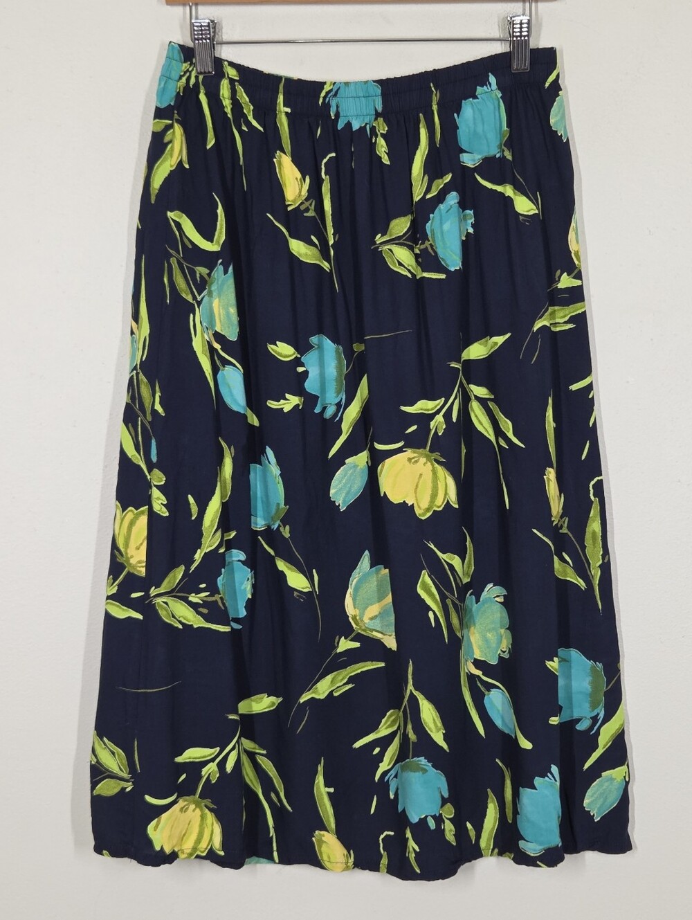 Vtg 90s Dark Floral Midi Skirt Navy Blue Green Fairy Grunge Boho Festival 14